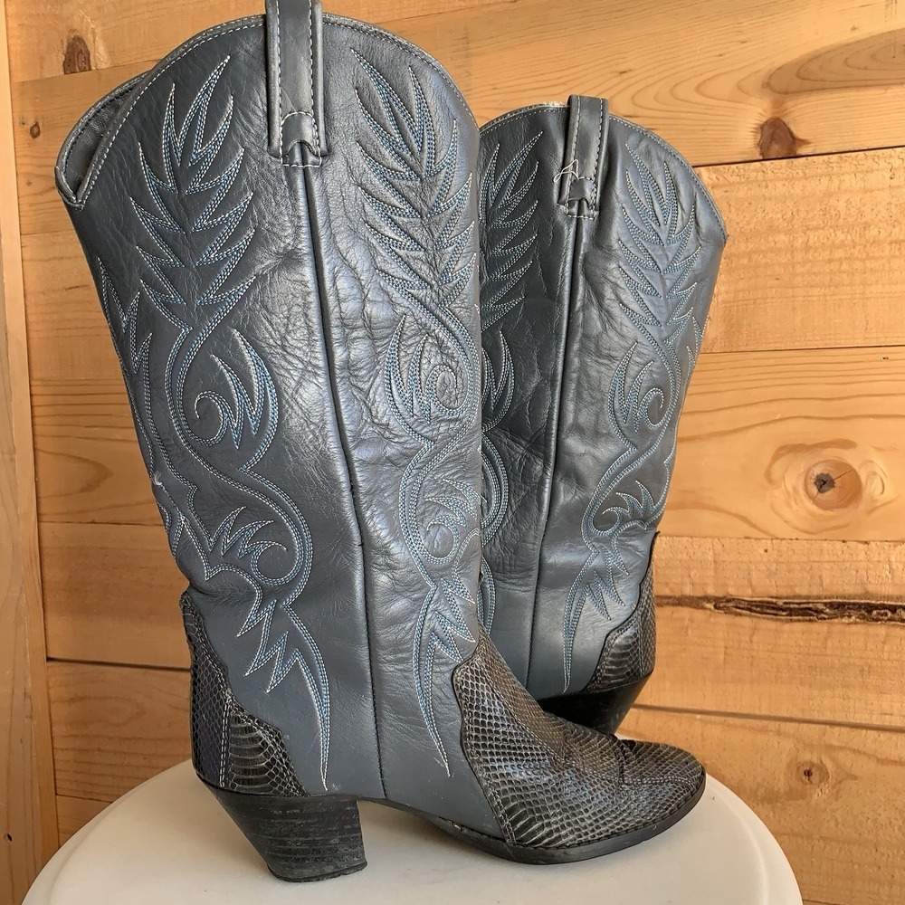 VTG Acme Women's Cowboy Western Boots 8N Snake 70s Grey Blue Stitch *Wear* - Picture 3 of 10